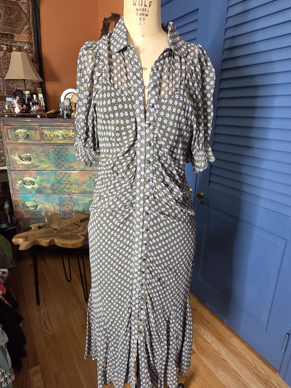 Anthropologie Olive Green Floral Midi Dress with Lavender Accents